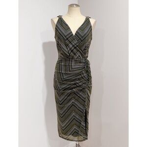 WHBM Women's Multicolor Geometric Zigzag V-neck Ruched Midi Dress Size 6